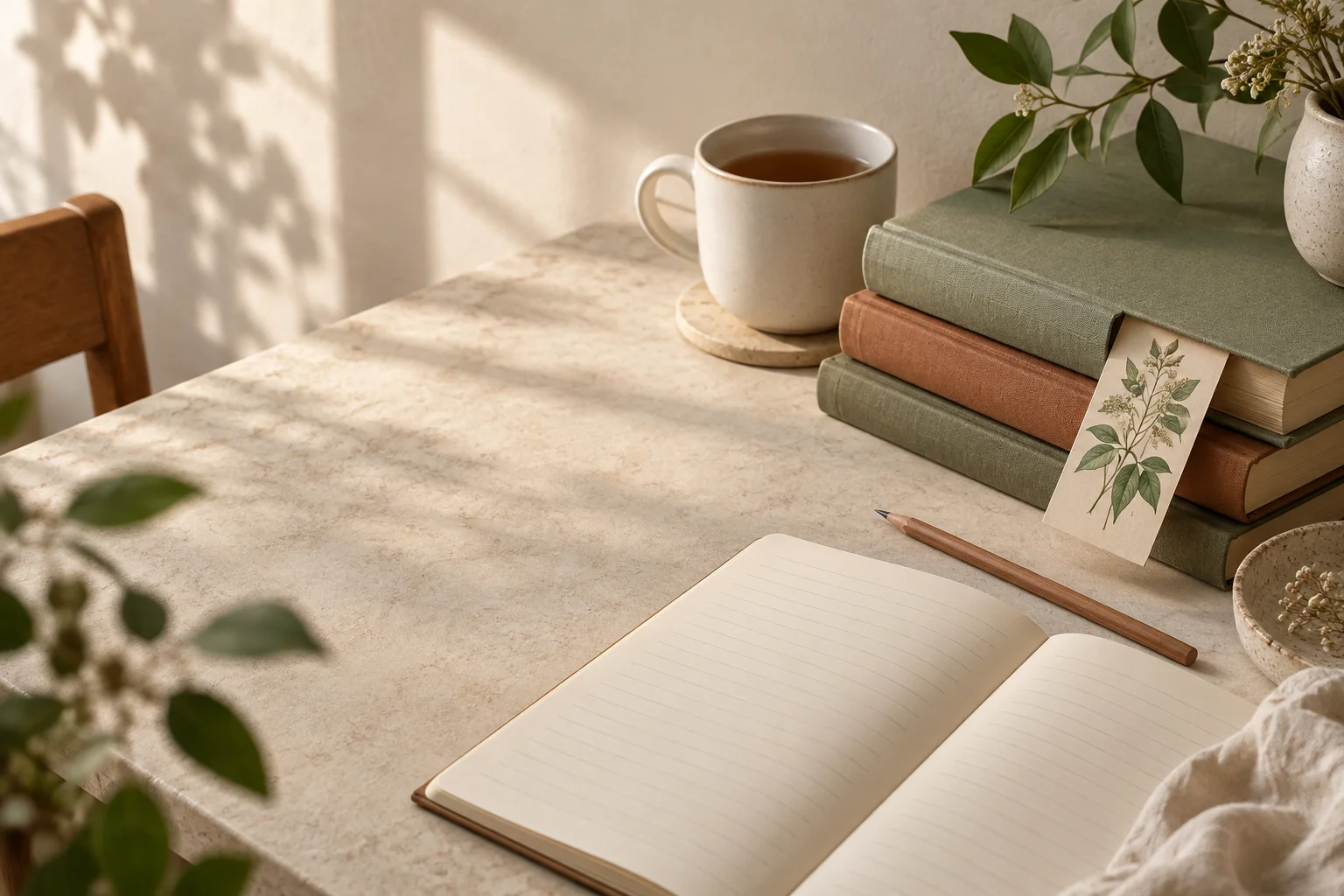 Botanical bookmark, clothbound books, and a cup of tea on a softly lit desk