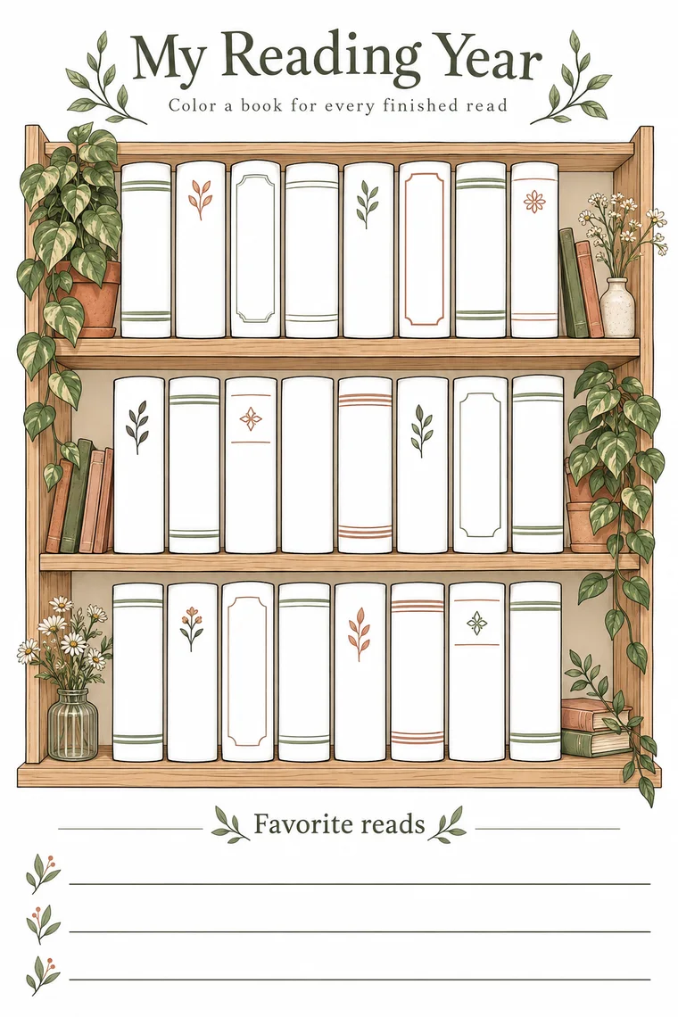 Botanical bookshelf reading tracker with empty book spines to color