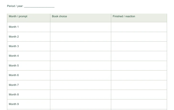 Closer view of the writing fields in 12-Month Reading Challenge