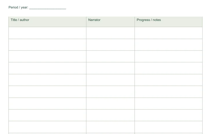 Closer view of the writing fields in Free Audiobook Listening Log