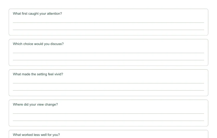 Closer view of the writing fields in Book Club Discussion Question Planner