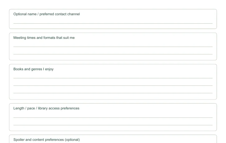 Closer view of the writing fields in Book Club Member Questionnaire