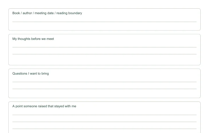 Closer view of the writing fields in Book Club Notes Page
