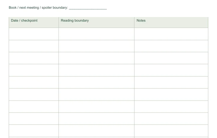 Closer view of the writing fields in Book Club Reading Calendar