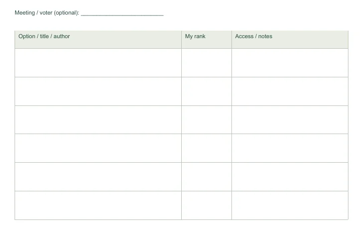 Closer view of the writing fields in Book Club Book Selection Ballot