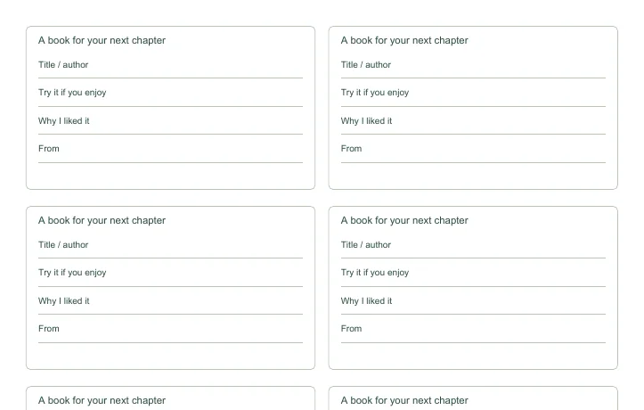 Closer view of the writing fields in Book Recommendation Cards