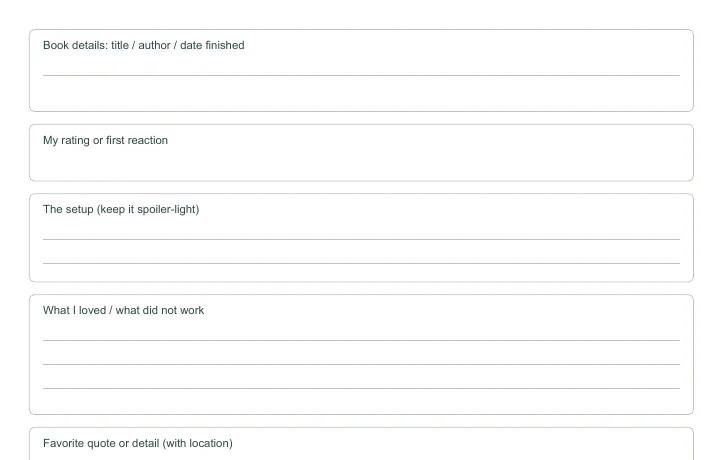 Closer view of the writing fields in Free Book Review Template