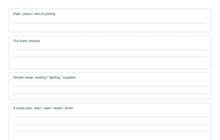 Closer view of the writing fields in Family Reading Night Planner