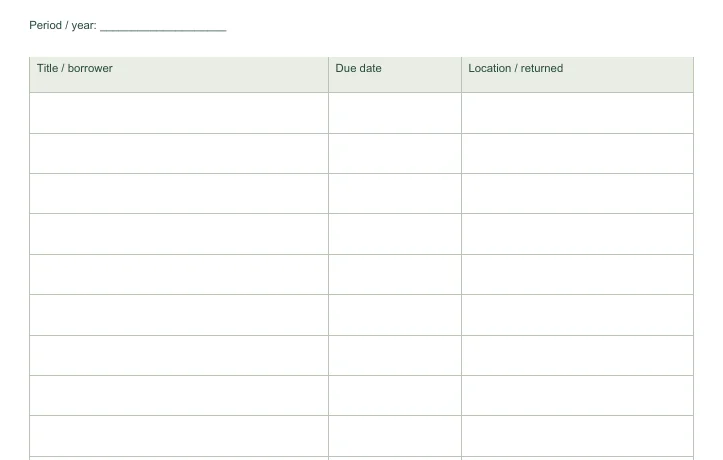 Closer view of the writing fields in Free Library Loan Tracker
