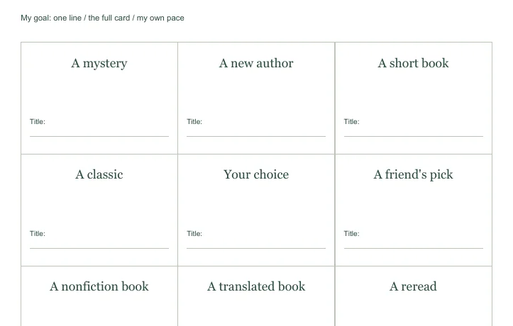 Closer view of the writing fields in Reading Bingo Card