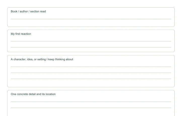 Closer view of the writing fields in Reading Reflection Prompts