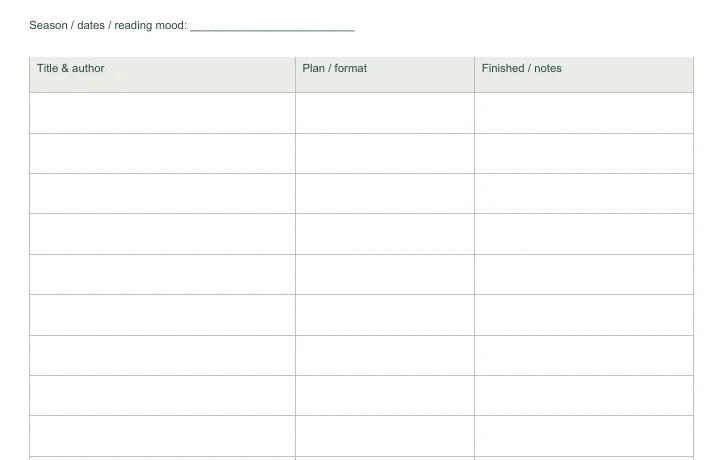 Closer view of the writing fields in Seasonal Reading Tracker