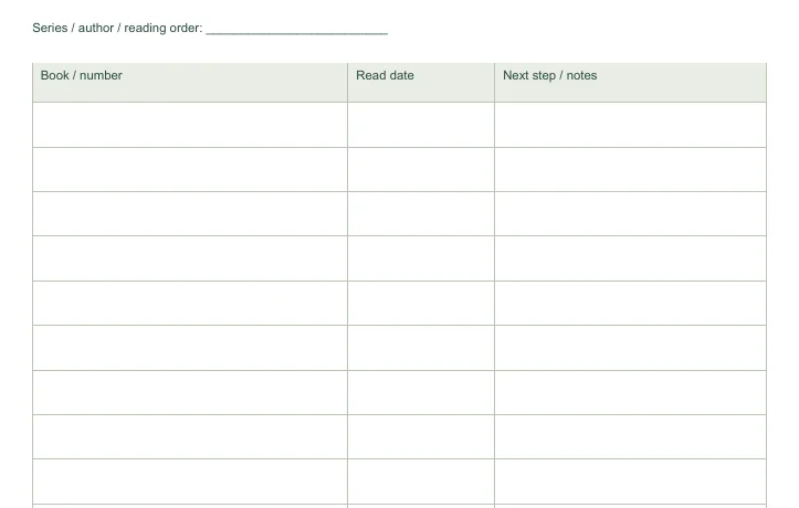 Closer view of the writing fields in Free Series Reading Tracker
