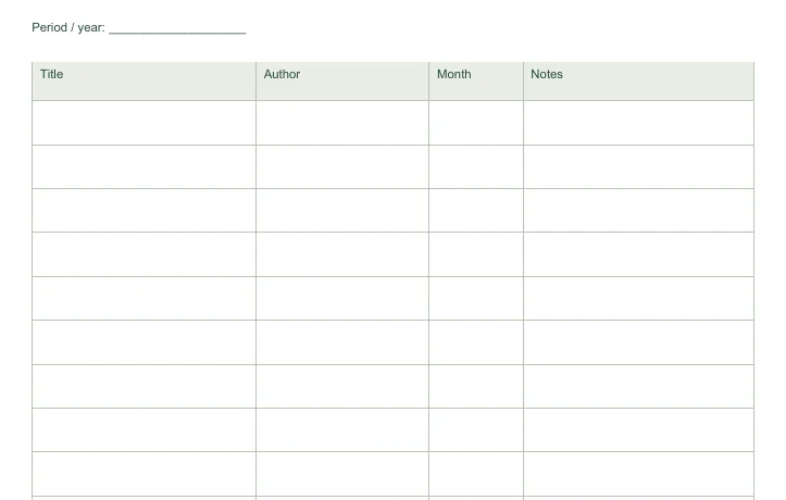 Closer view of the writing fields in Free Yearly Reading Log